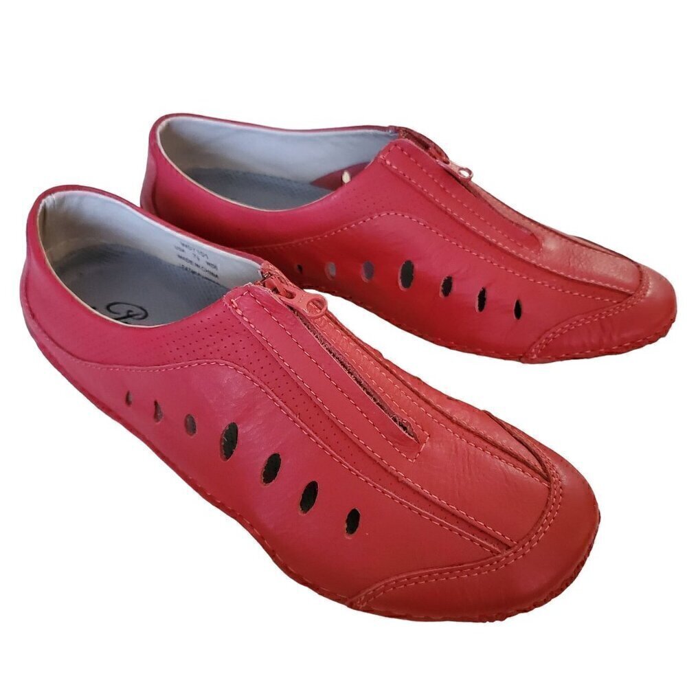 Propet Casual Leather Zip Up Shoes, Woman's Red Leather Flats